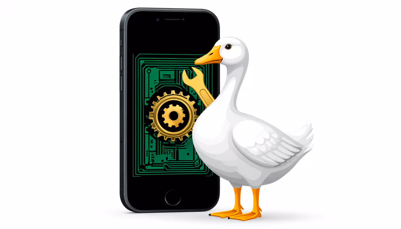 Illustration: the GusApp goose beside a phone showing a circuit-board interface.